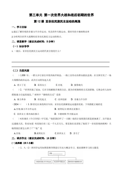 3.12亚非拉民族民主运动的高涨学案九年级历史下学期