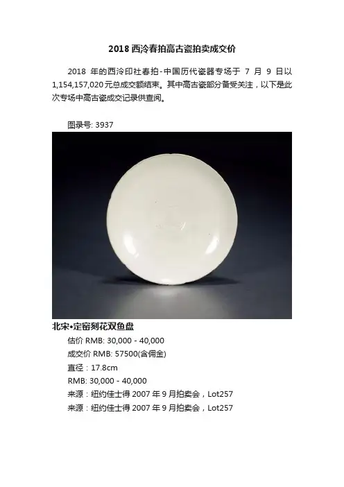 2018西泠春拍高古瓷拍卖成交价