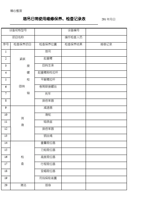 塔吊日常使用维修保养、检查记录表格模板
