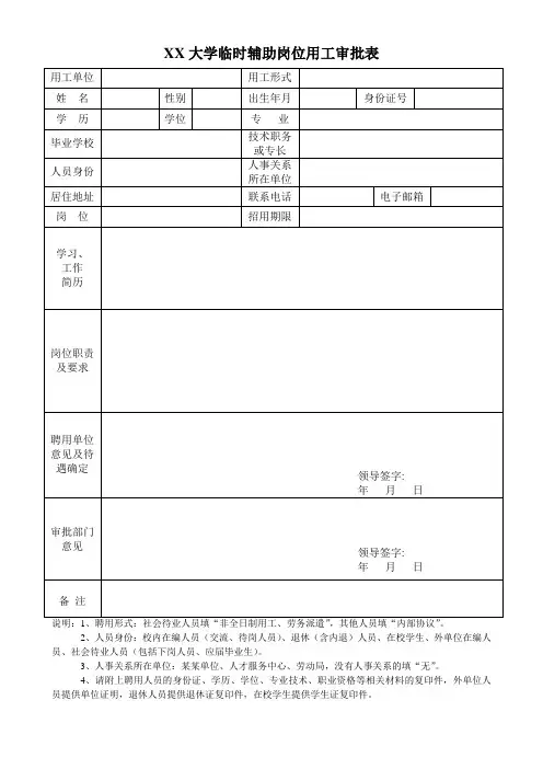 大学临时辅助岗位用工审批表
