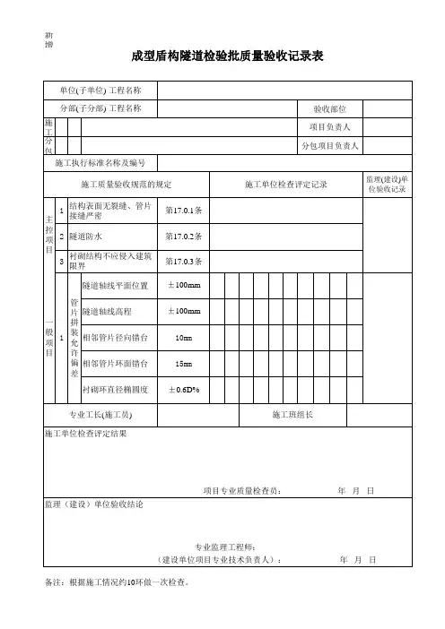469成型盾构隧道工程检验批质量验收记录表