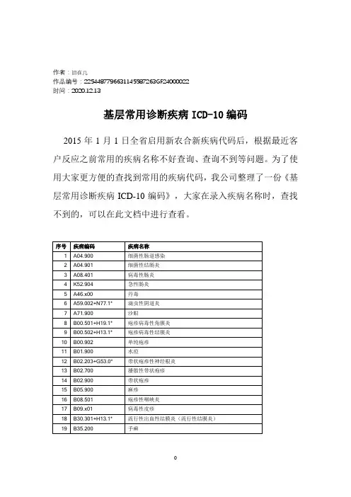 2020年基层常用诊断疾病icd-10编码