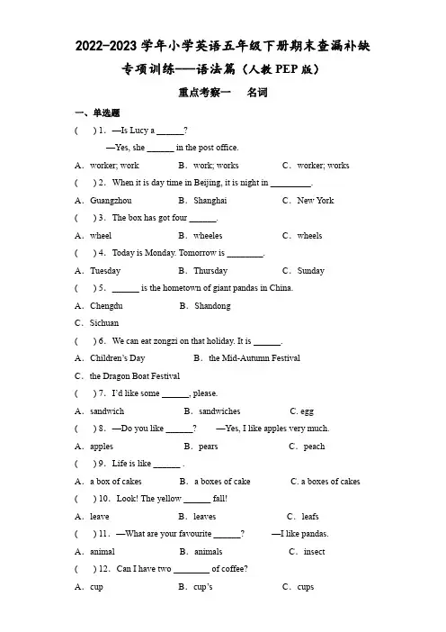 2022-2023学年小学英语五年级下册期末查漏补缺专项复习之语法篇 (人教PEP版)