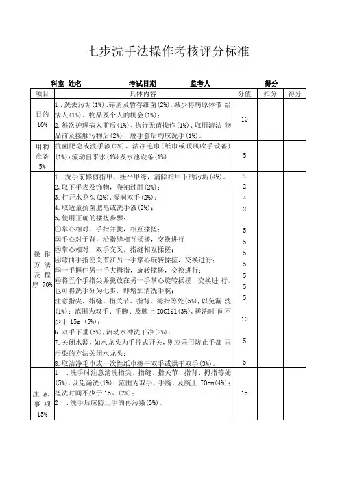 七步洗手法操作考核评分标准
