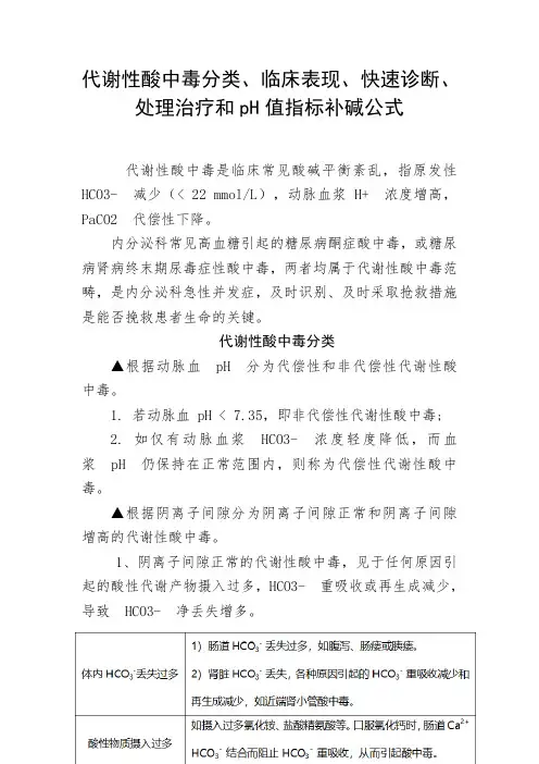 代谢性酸中毒分类、临床表现、快速诊断、处理治疗和pH值指标补碱公式