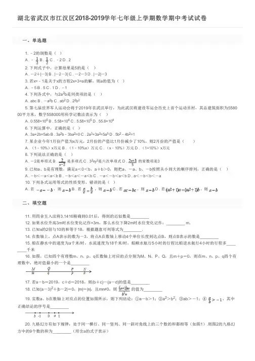 湖北省武汉市江汉区2018-2019学年七年级上学期数学期中考试试卷及参考答案