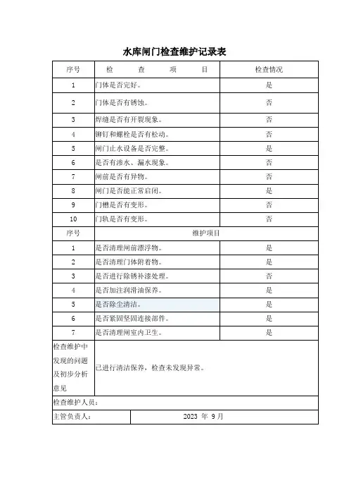 水库闸门检查维护记录表