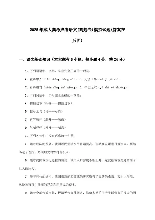 成人高考成考语文(高起专)试题及答案指导(2025年)