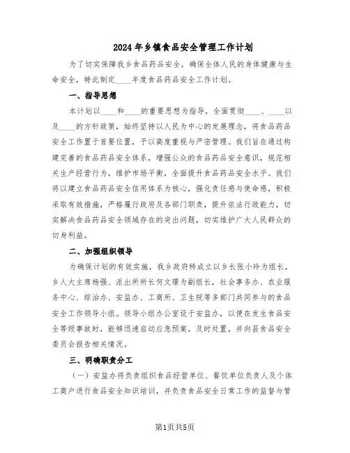 2024年乡镇食品安全管理工作计划（二篇）