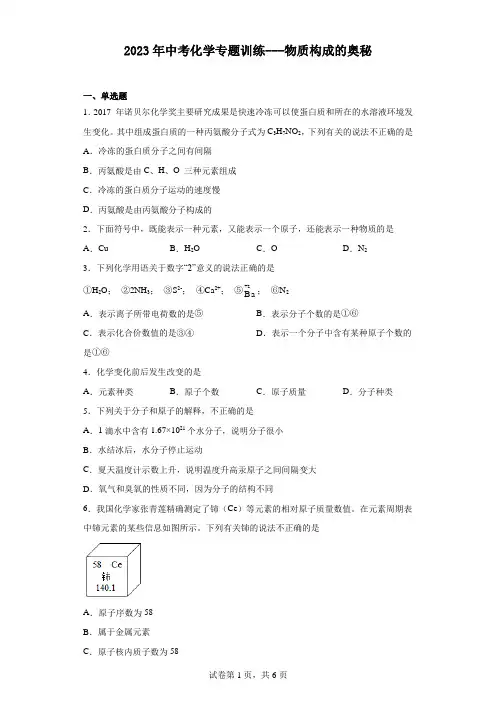2023年中考化学专题训练---物质构成的奥秘(含解析)