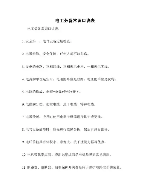 电工必备常识口诀表