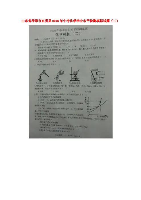 山东省菏泽市东明县2016年中考化学学业水平检测模拟试题(二)(扫描版)