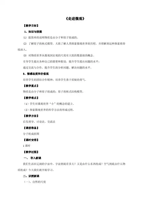 沪科版初中物理八年级全册《第十一章 小粒子与大宇宙 第一节 走进微观》优质课教学设计