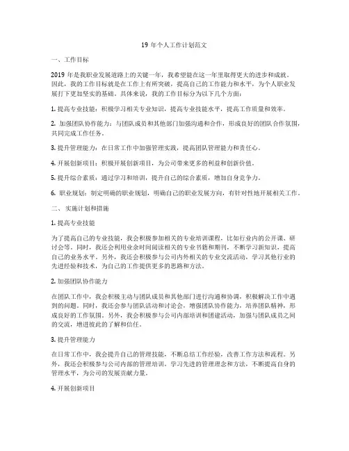 19年个人工作计划范文