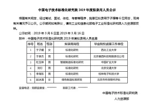 中国电子技术标准化研究院2019年度拟录用人员公示【模板】