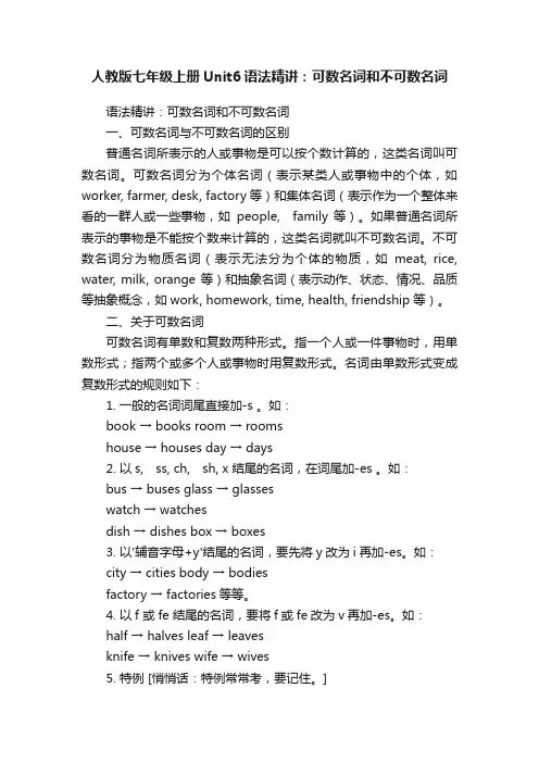 人教版七年级上册Unit6语法精讲：可数名词和不可数名词