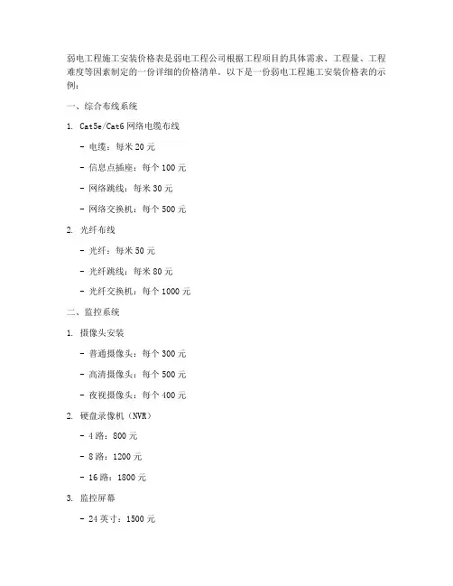 弱电工程施工安装价格表
