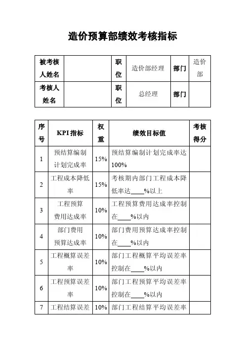 造价预算部绩效考核指标