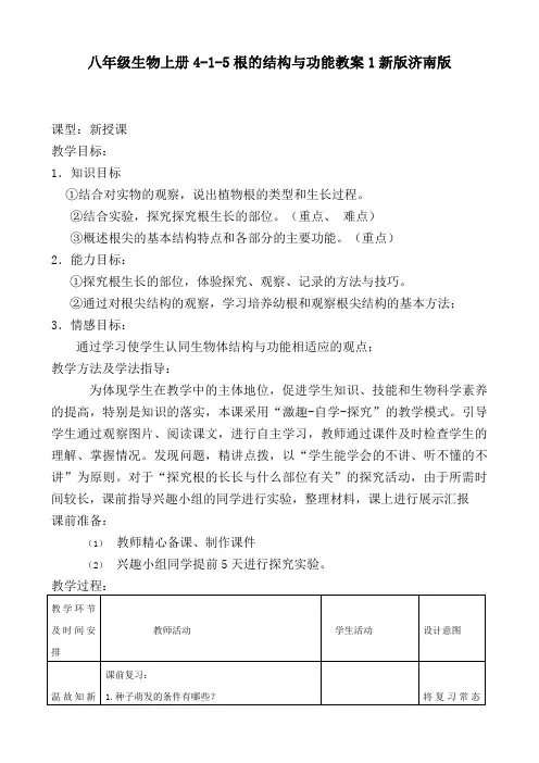 八年级生物上册4-1-5根的结构与功能教案1新版济南版