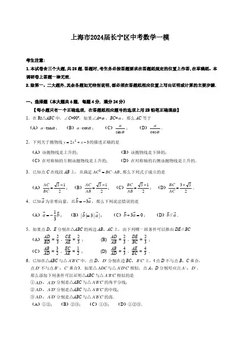 上海市2024届长宁区中考数学一模