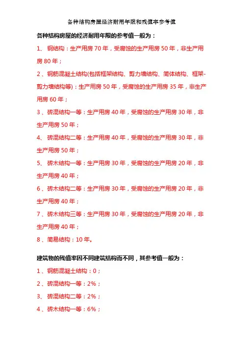 各种结构房屋经济耐用年限和残值率参考值