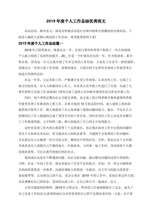 2019年度个人工作总结优秀范文