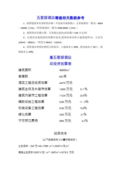 五星级酒店总投资估算表及其投资占比