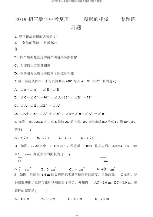 初三数学中考复习图形的相似专题练习题含答案