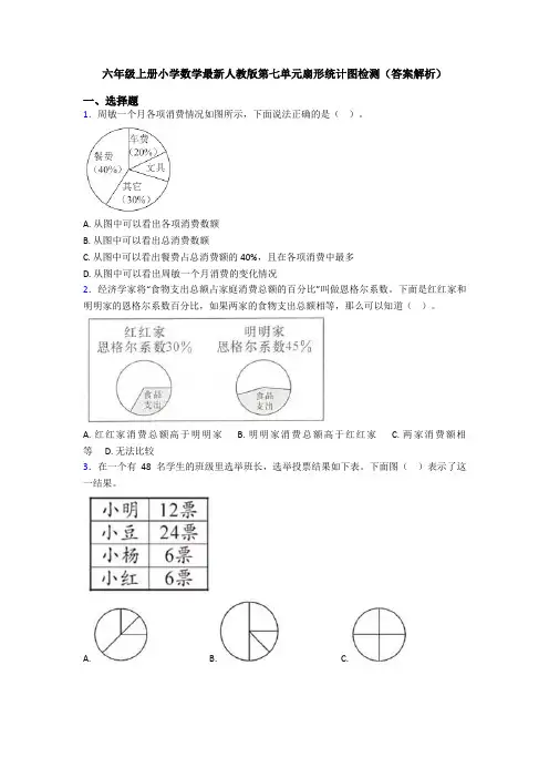 六年级上册小学数学最新人教版第七单元扇形统计图检测(答案解析)