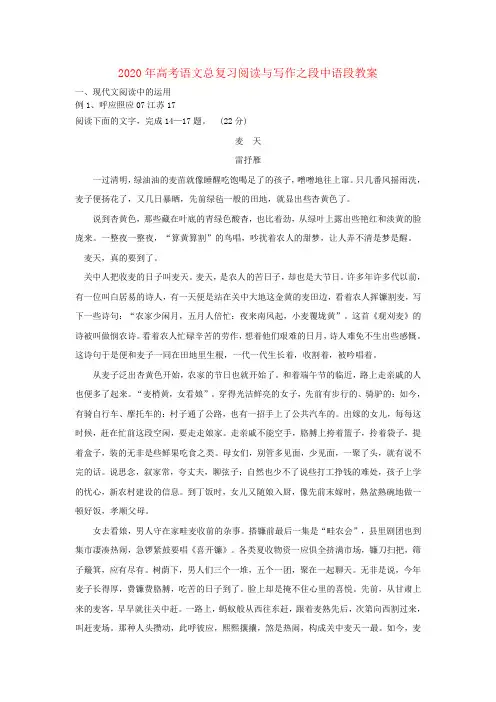 2020年高考语文总复习 阅读与写作之段中语段教案