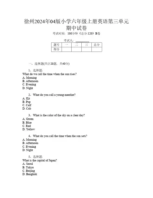徐州2024年04版小学六年级上册L卷英语第三单元期中试卷