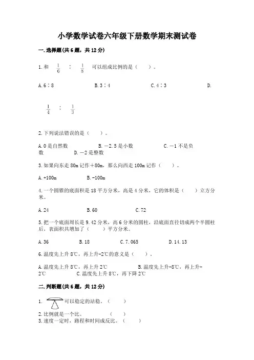 小学数学试卷六年级下册数学期末测试卷(完整版)
