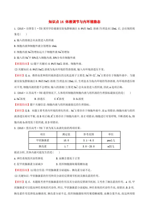 【精品】2020高考生物二轮复习 知识点专练14 体液调节与内环境稳态(含答案)