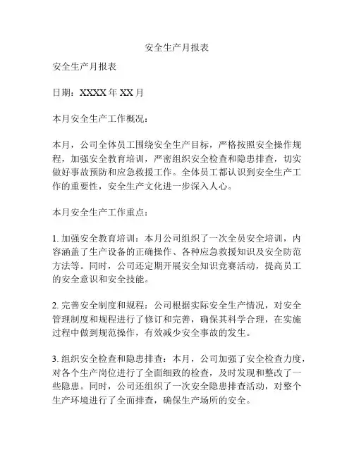 安全生产月报表
