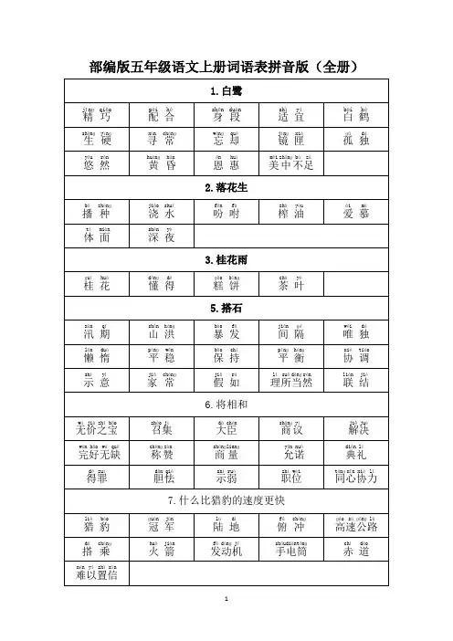 部编版五年级语文上册 词语表 带拼音(全册)