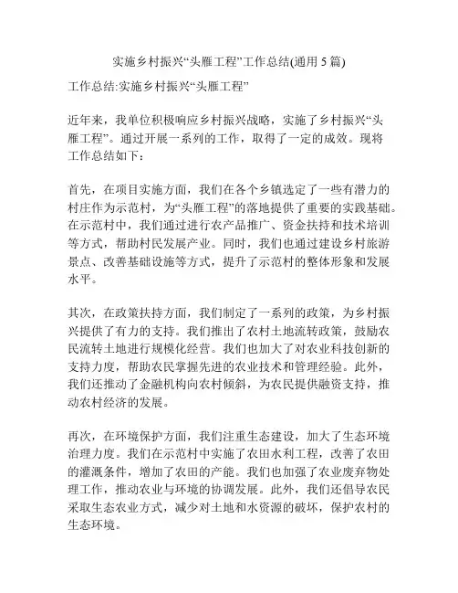 实施乡村振兴“头雁工程”工作总结(通用5篇)