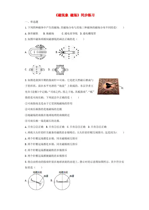 九年级物理全册 20.1磁现象 磁场练习解析版(新版)新人教版