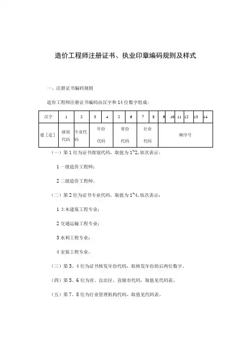 造价工程师注册证书、执业印章编码规则及样式