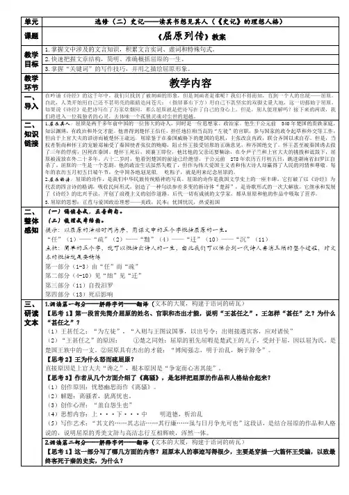 苏教版语文选修《史记选读》之《屈原列传》教案设计