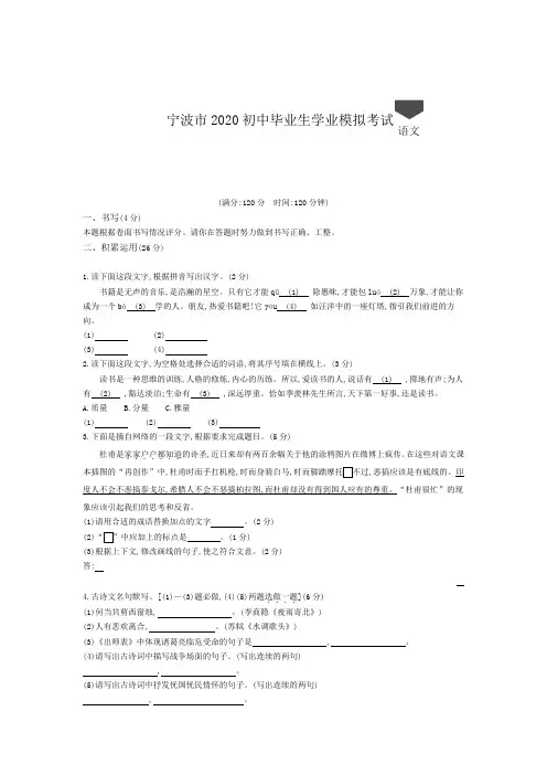 浙江宁波2020中考语文模拟考试卷(含答案)