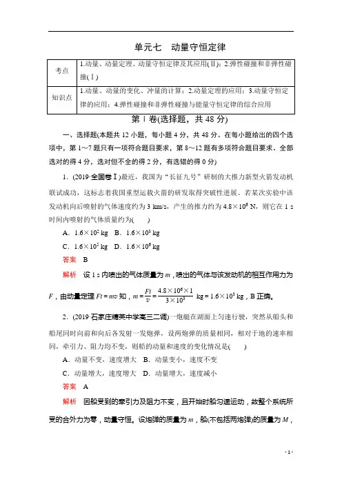 2021届高考物理一轮专题重组卷：第一部分 单元七 动量守恒定律 含解析
