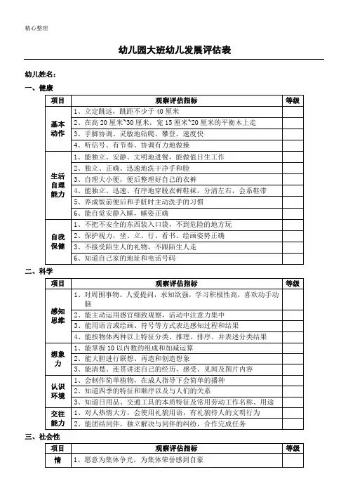 幼儿园幼儿发展评估表格模板