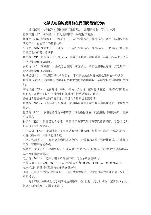 化学试剂纯度的分类