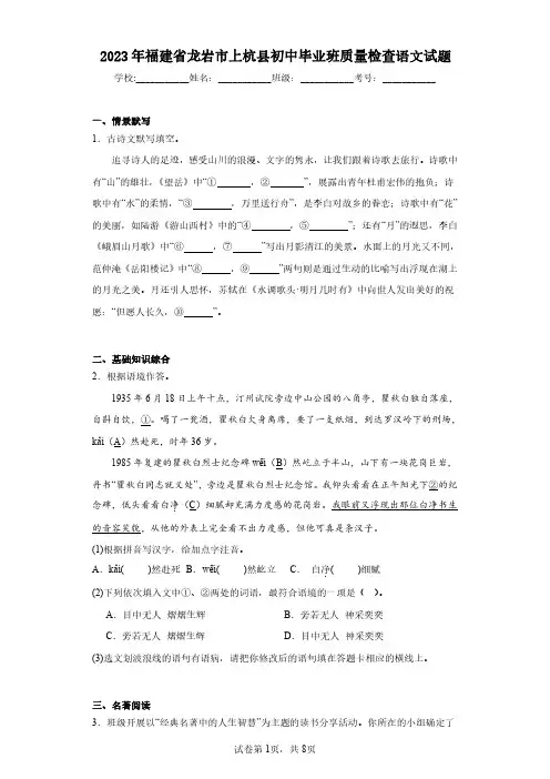 2023年福建省龙岩市上杭县初中毕业班质量检查语文试题(含答案解析)