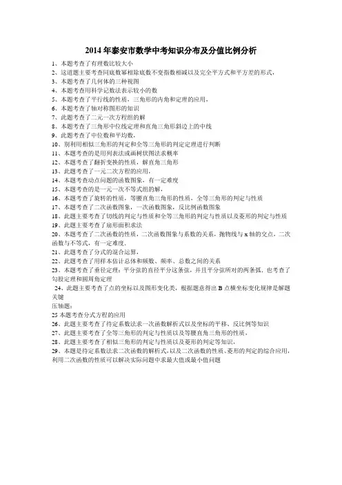 2014年泰安市数学中考知识分布及分值比例分析