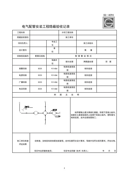 电气配管安装工程隐蔽验收记录SG-A094(填写齐全)