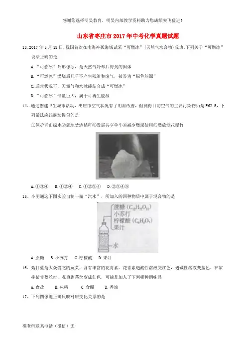 山东省枣庄市2017年中考化学真题试题(含答案)