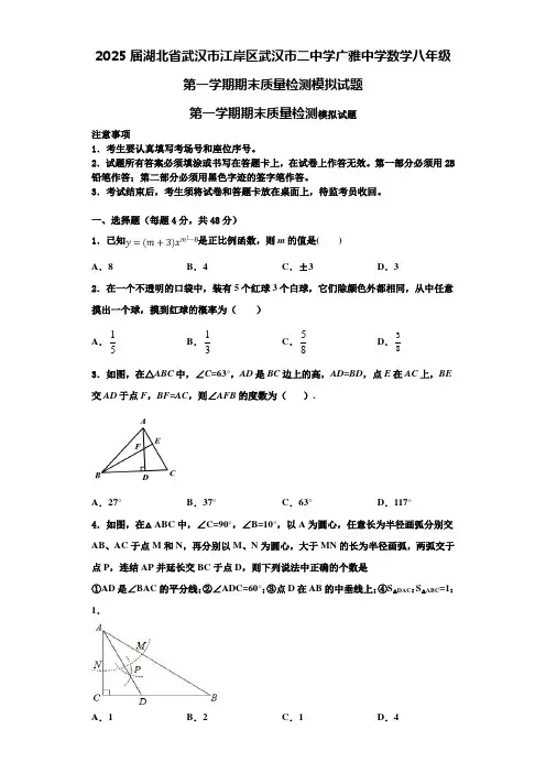 2025届湖北省武汉市江岸区武汉市二中学广雅中学数学八年级第一学期期末质量检测模拟试题含解析
