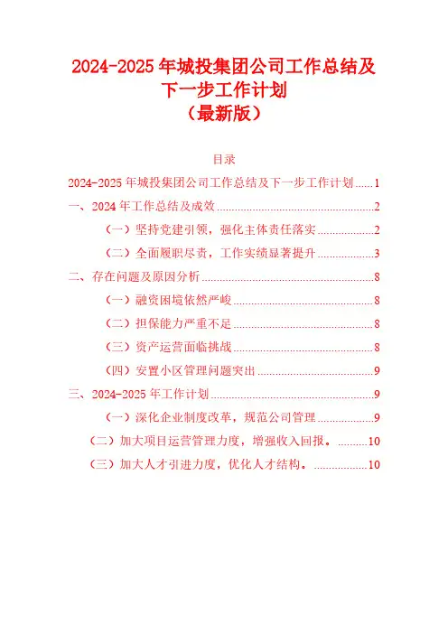 2024-2025年城投集团公司工作总结及下一步工作计划