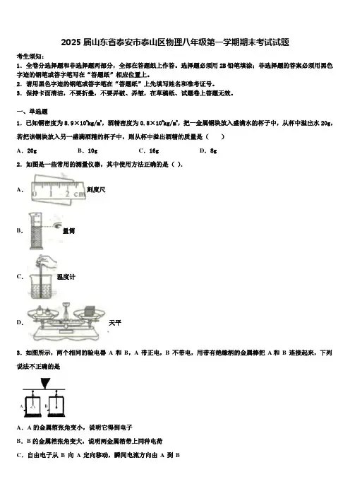 2025届山东省泰安市泰山区物理八年级第一学期期末考试试题含解析